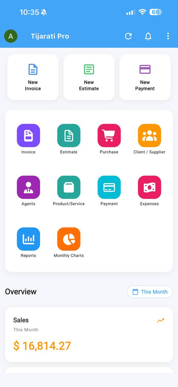 Tijarati Pro home screen
